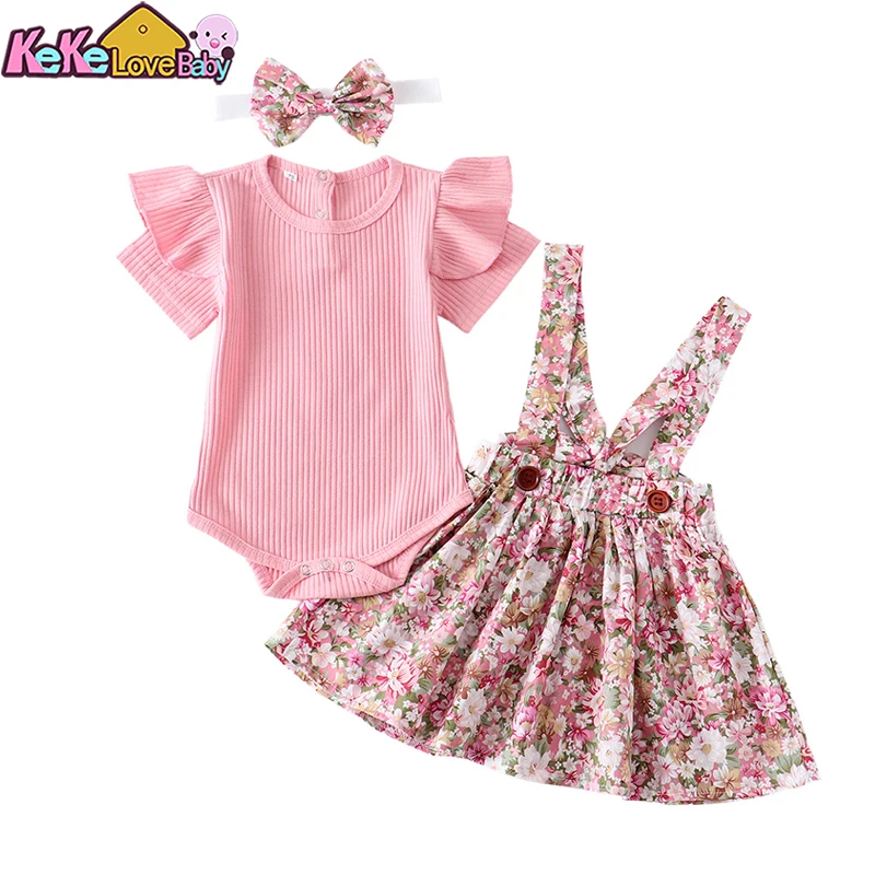 2024 Summer Newborn Baby Girl Clothes Set Short Sleeve Romper Floral Dress Overalls Headband Toddler Infant Clothing Cute Outfit