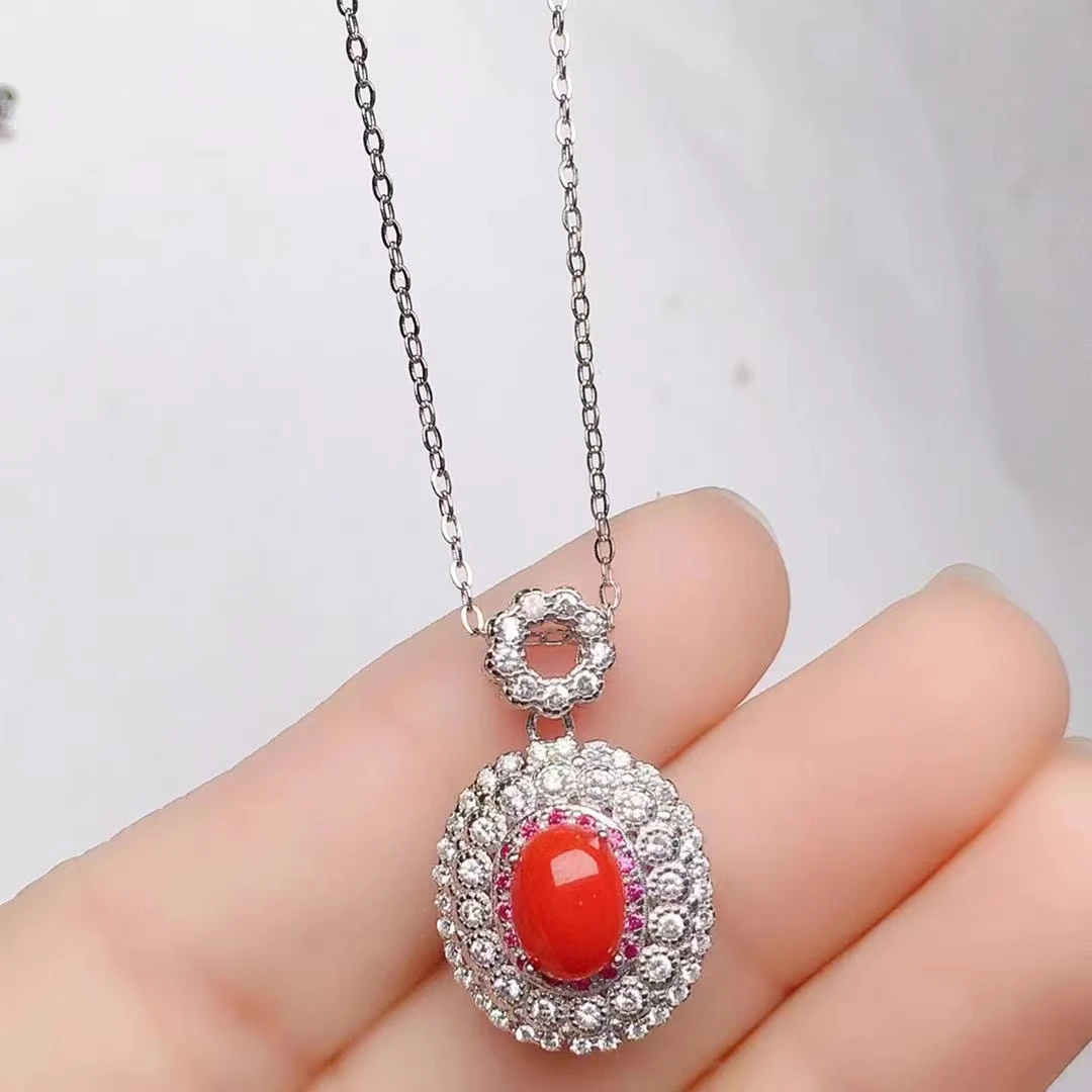 

Trendy Red Coral Pendant for Office Woman 6mm*8mm Natural Red Coral Necklace Pendant Solid 925 Silver Precious Coral Jewelry