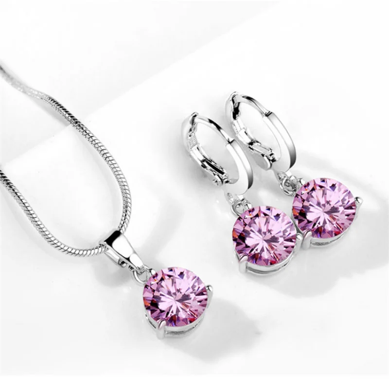 High Quality Round Crystal Zirconia Pendant Necklace Earrings Jewelry Sets For Women Girls Wedding Engagement Fashion Jewelry