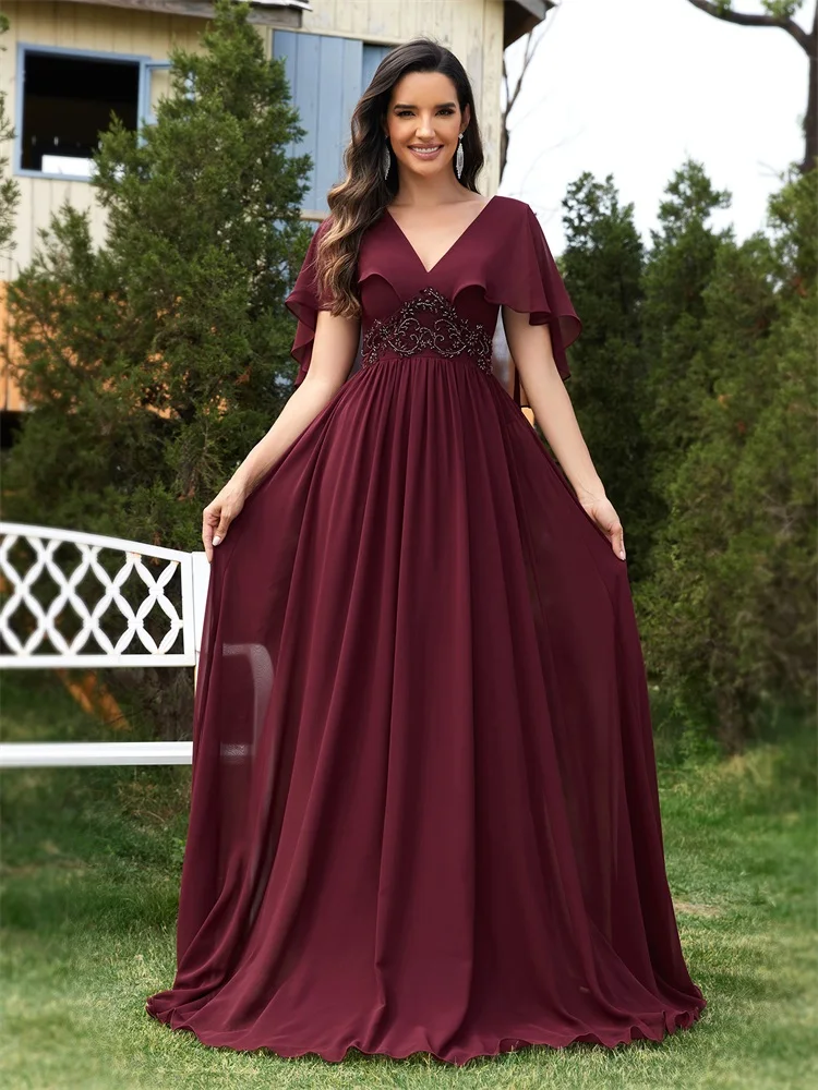 Lucyinlove Elegant Chiffon Short sleeve Formal Evening Dresses Long 2024 Luxury Women Bridesmaid Party Dress Cocktail Prom Gowns