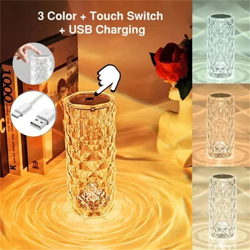 

Crystal Rose Atmosphere Table Lamp Internet Celebrity Ins Style Bedroom Bedside LED Touch Night Light Romantic Sentiment Gift