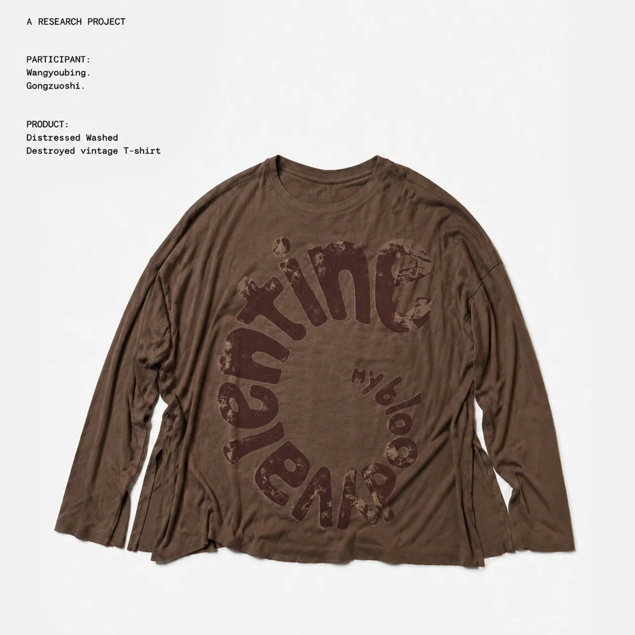 Wang Studio Vintage Washed Long Sleeve T-Shirt Shoulder Drop Lettering Worn-In Look Cotton Casual Top for Youth Autumn Wear