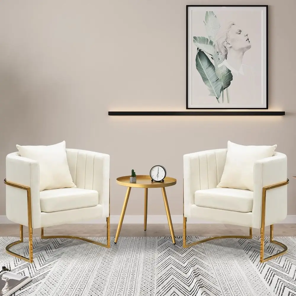 Pair of White Velvet Club Chairs with Gold Legs for Living Room or Bedroom