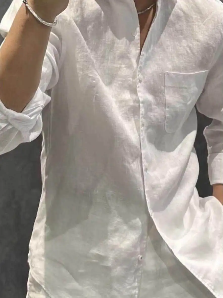 

Men's Casual Cotton Linen Shirt Thin Breathable Loose Long Sleeve Sun Protection Open Cardigan Linen Leisure Workwear Trendy