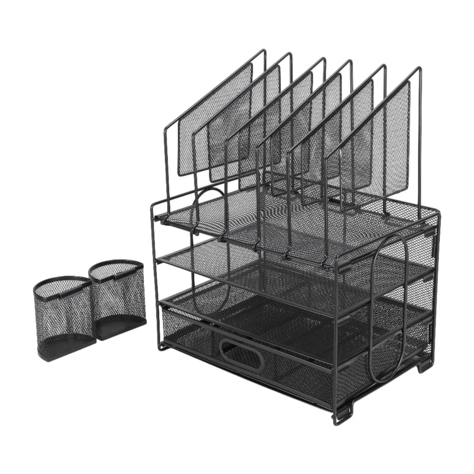 Desk Organizer with 2 Pen Holders Multipurpose Office Supplies with Drawer Paper Letter Tray Organizer Mesh Desk File Holder
