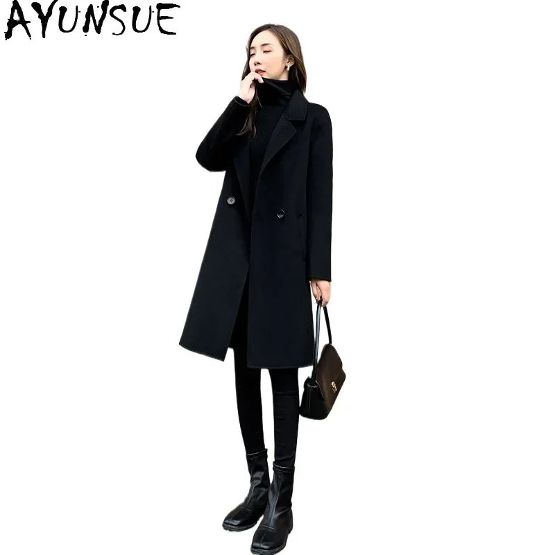 AYUNSUE 100% Wool Coats for Women Luxury Black Midi Coat Women Jackets Women’s Fashion Autumn Clothes Cashmere Coat пальто 2024