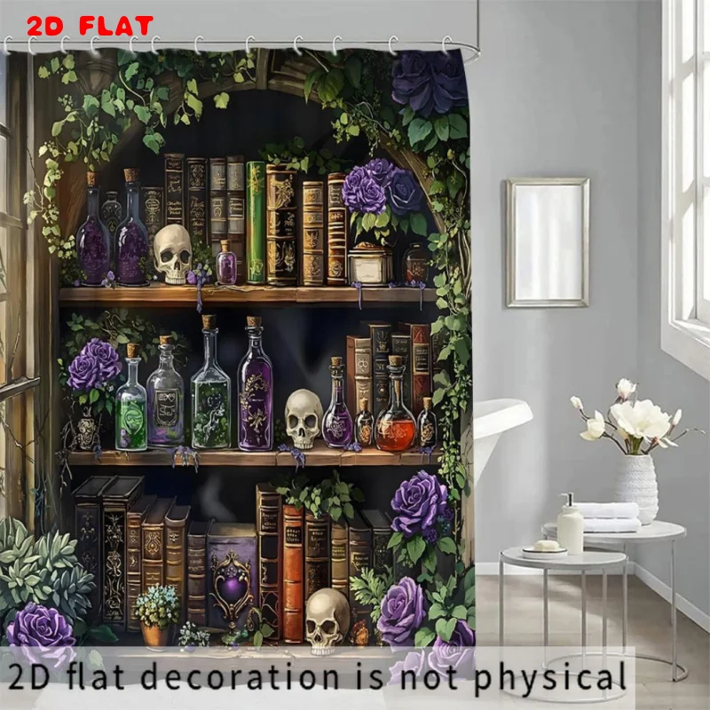 Vintage Apothecary Bookshelf Shower Curtain Bathroom Decor Gothic Library Style Storage Display
