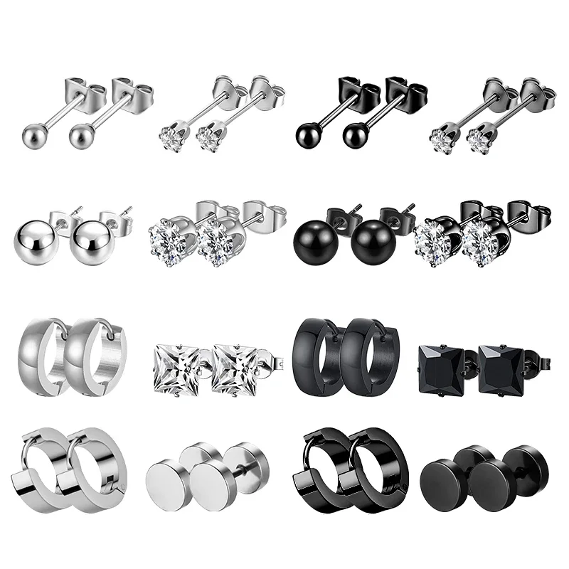 1/16 Pairs Stainless Steel Multiple Black & Silvery Simple Ear Studs for Men Women Punk Style CZ Round Earring Fashion Jewelry