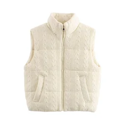 Women's Stand up Collar Knitted Cotton Jacket Tank Top Zipper Pocket Decoration Autumn/Winter New Women's Wear