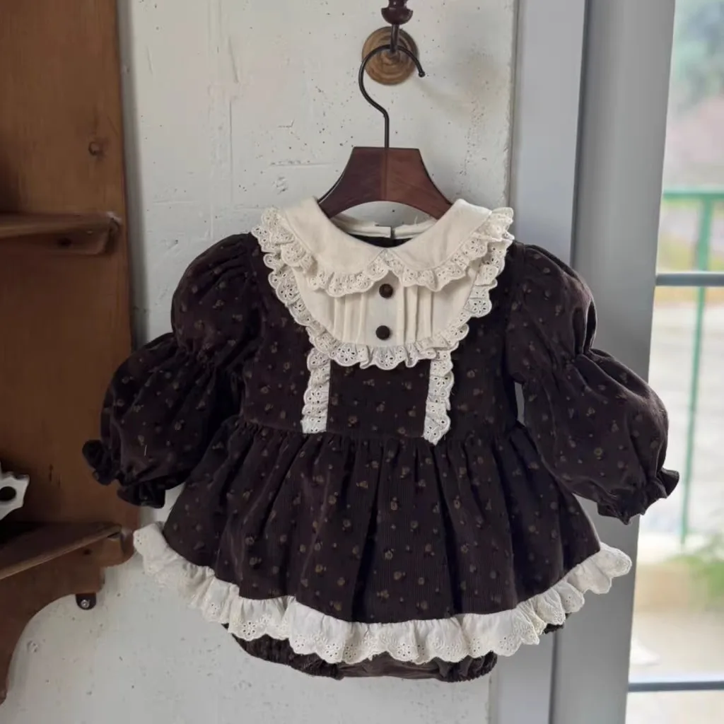 2026 Spring New Baby Girl Long Sleeve Lace Bodysuit Cotton Girls Sweet Cute Floral Princess Jumpsuit Infant Clothes 0-24M