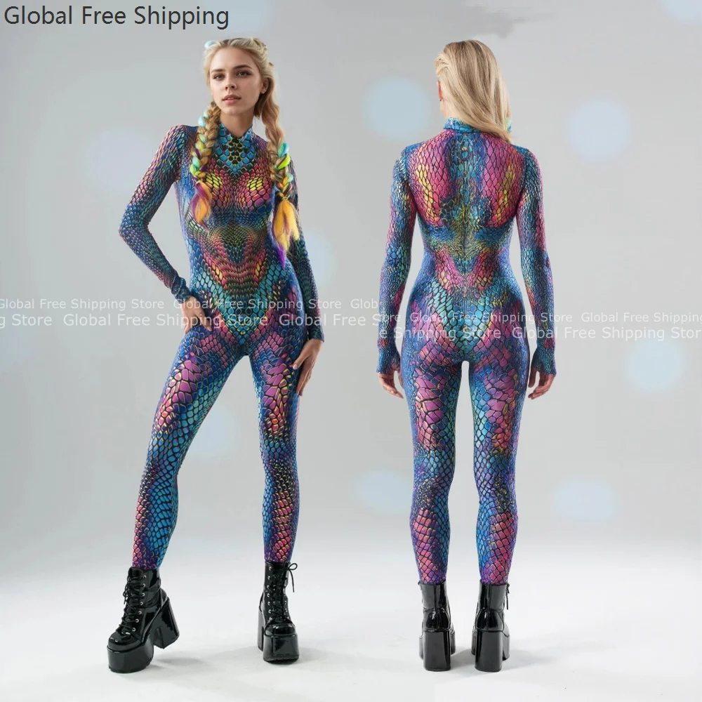

New Colorful Scales Snake Bodysuit Women Animal Halloween Cosplay Python Jumpsuit Carnival Party Stage Performance Zentai Suit