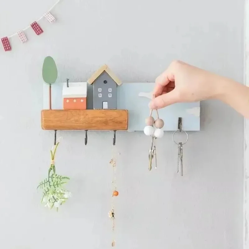 Creativity Keys Storage Holder Rack Cartoon Solid Wood Indoor Porch Wall Hanging Hat Bag Coat Hanger Home Decorative Hook 5