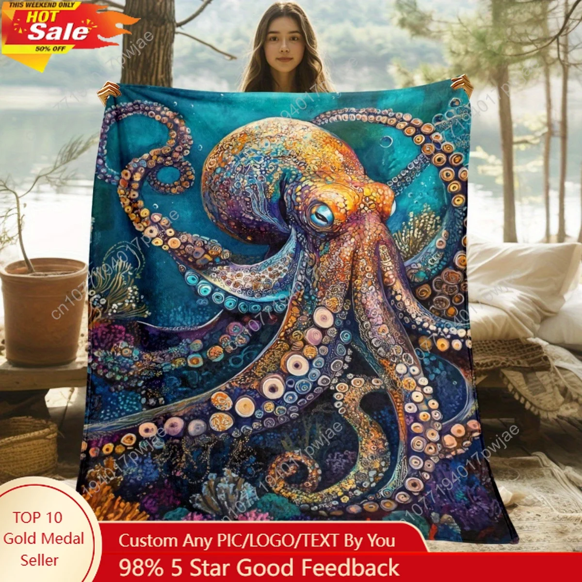 

1pc Vibrant Print Blanket - Octopus & Coral Reef Print, Lightweight Soft Warm Polyester Throw for Sofa Bed Travel Living