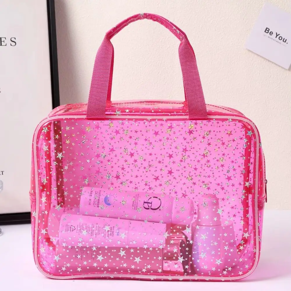 PVC Waterproof Transparent Makeup Bag Glitter with Handle Portable Cosmetic Pouch Smooth zipper Large capacity Clear Travel Sack