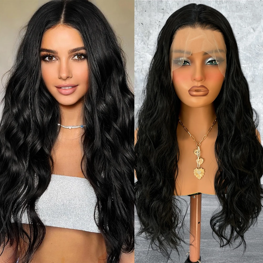 

13x4 Black Natural Wavy Lace Wigs Synthetic Hair Long Loose Curl Wig Lace Front Wigs for Women Black Wig Ready to Wear Natural