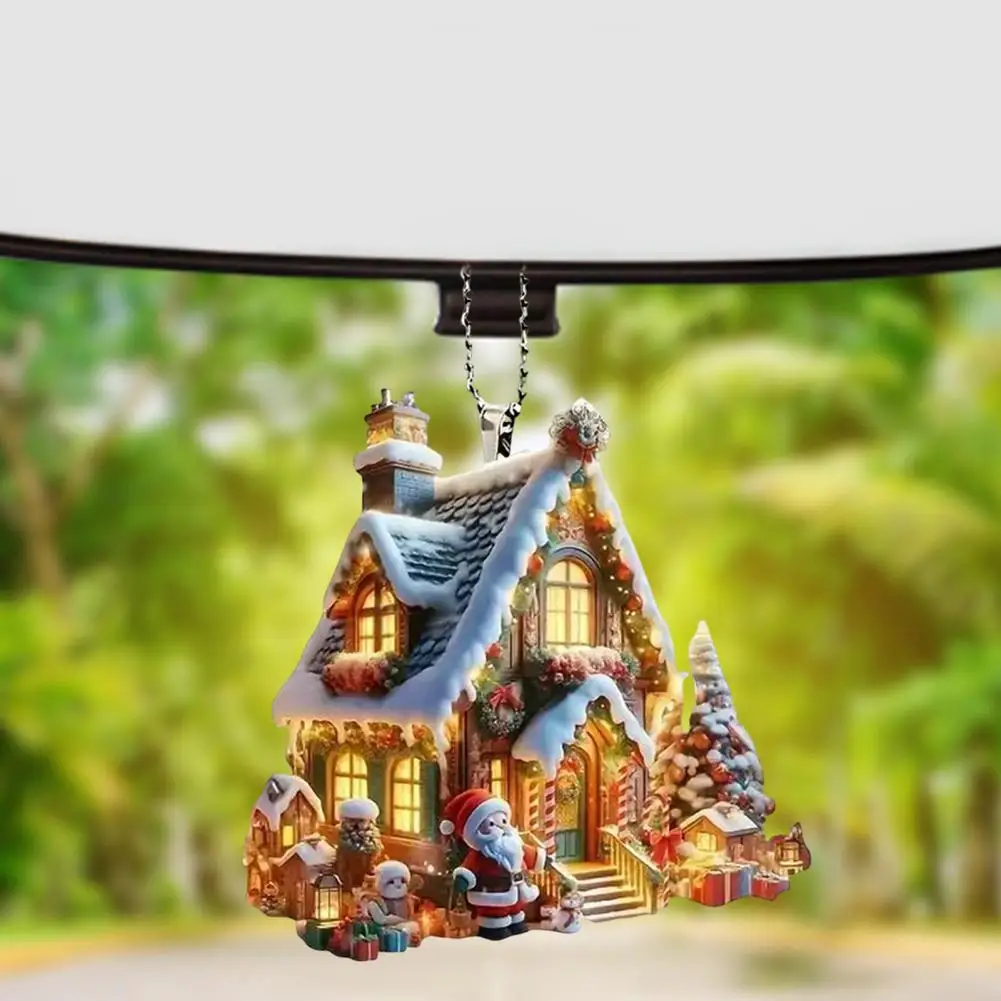 Christmas Ornament Santa Claus Snowy Village House Christmas Ornament Flat Acrylic Log Cabin Hanging Decoration for Home Car