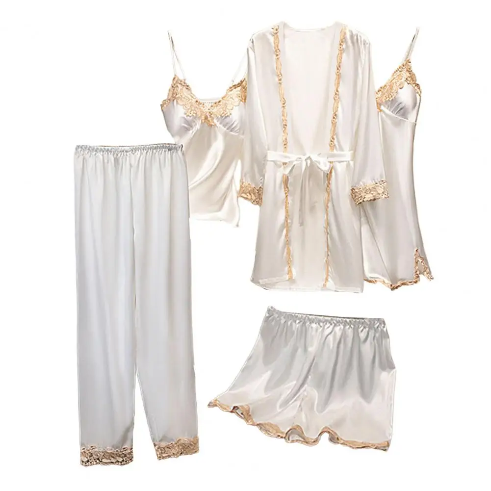 5 Pcs/Set Women Pajamas Set Nightgown Nightdress Top Shorts Pants Set Silky Satin Lace Lace-up Women Homewear Sleepwear Set