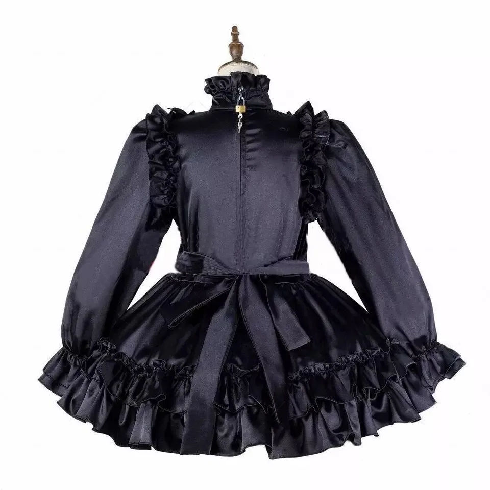 Halloween boutique sissy girl Black Satin lockable dress maid cosplay Tailor-made