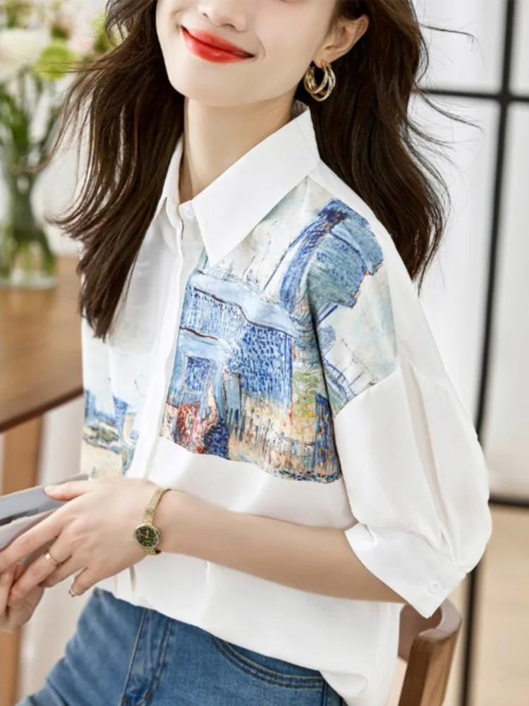 #3141 White Shirt Women Loose Printed Chiffon Shirts Blouse Femme Half Sleeve Thin Sexy Vintage Womens Tops And Blouses Summer