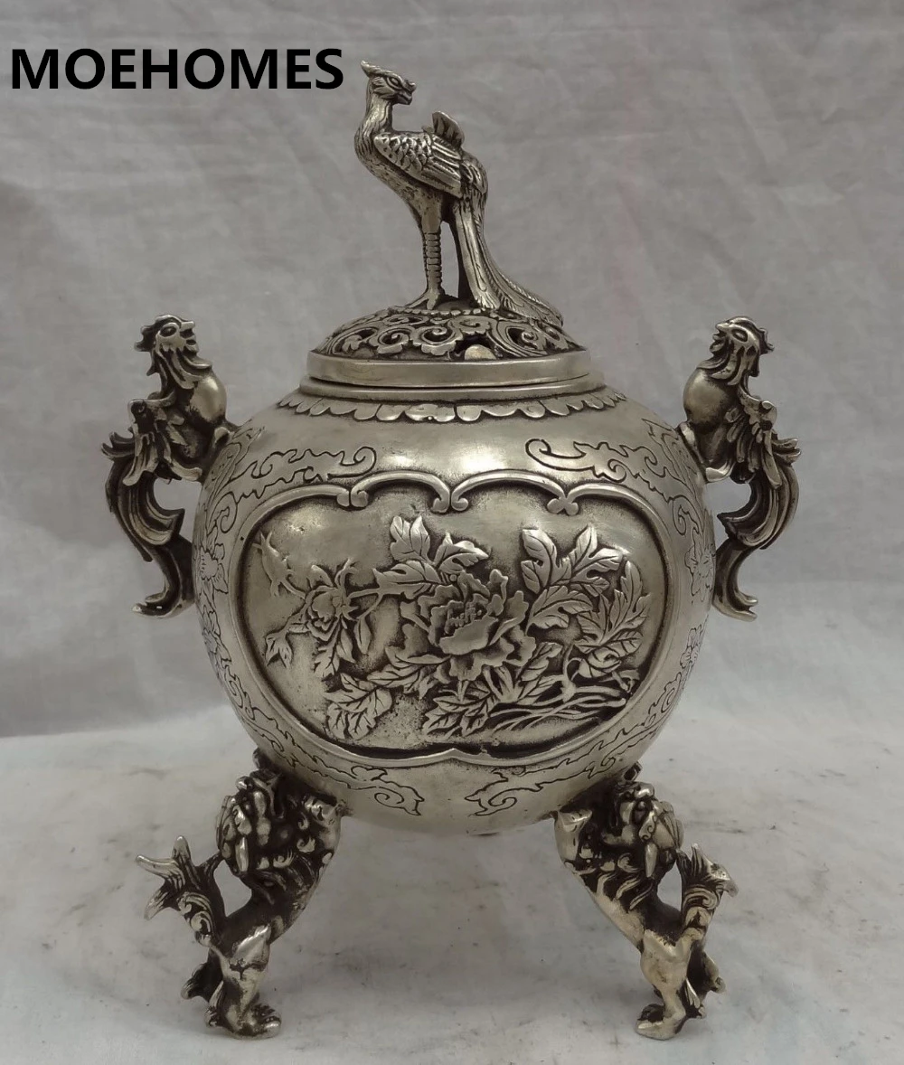 

MOEHOMES Tibet Silver Bird Fly Peacock Head Statue Phoenix Lion family decorations metal handicraft Incense Burner Censer