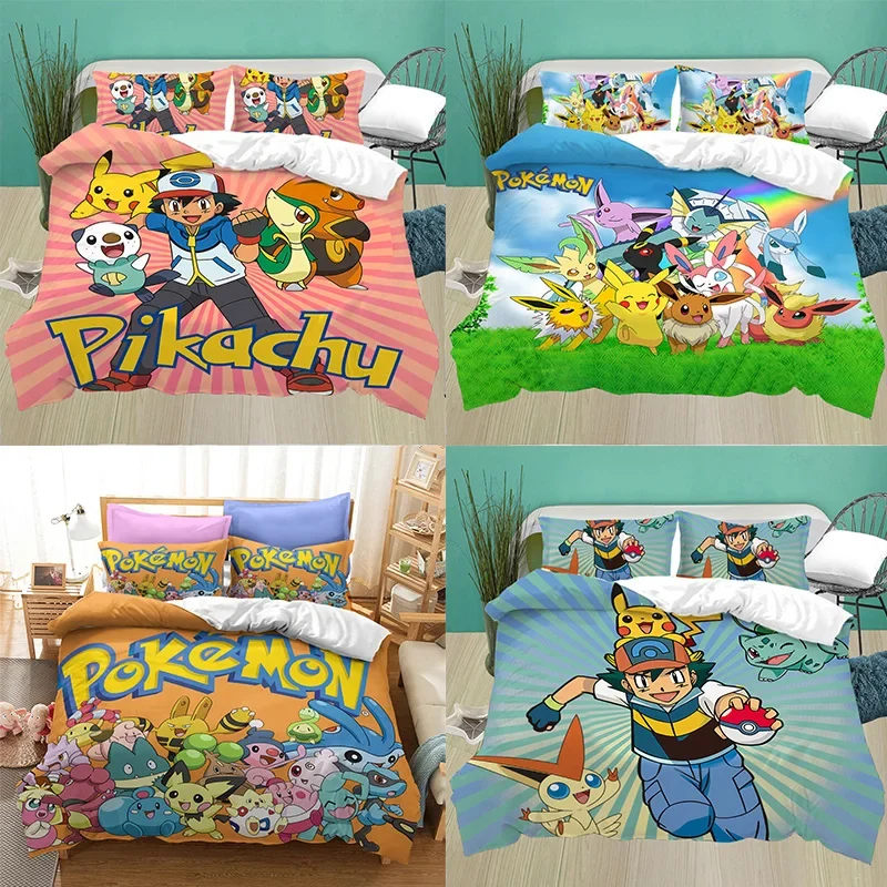 Pokemon Cartoon Quilt Cover Printed Bedding Suit Pikachu Strip Bed, Baby Kid Bedroom Bedclothes Bed Quilts Bedclothes 2/3pcs Set