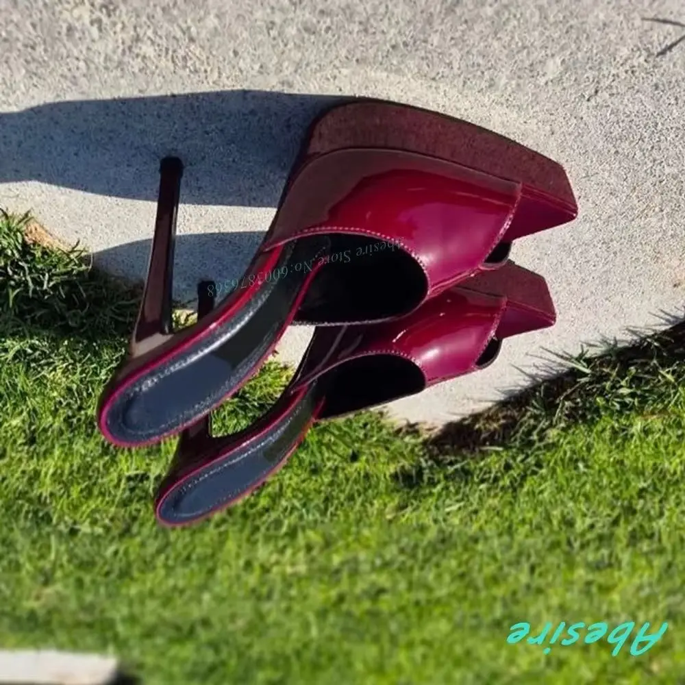 

Burgundy Patent-Leather Patchwork Slippers Shallow Platform Peep Toe Stiletto Heels Slip On Shoes Spicy Girls Sexy Outside Shoes