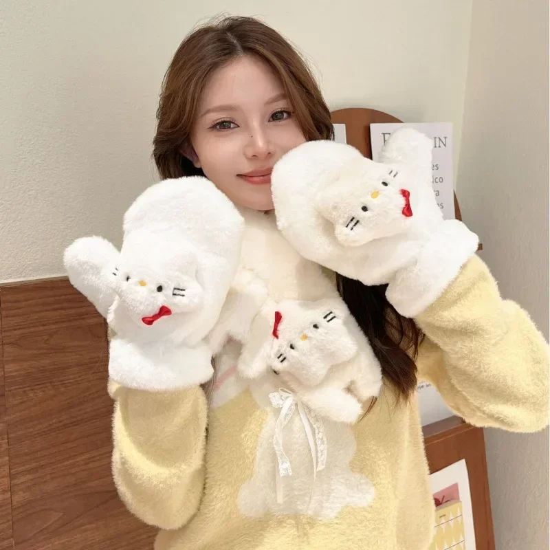 

Sweet Hello Kitty Anime Sanrio Ins Warmth Fluffy Scarf Cute Cartoon Kt Cat Thickened Warm Gloves Lovely Gifts for Kids