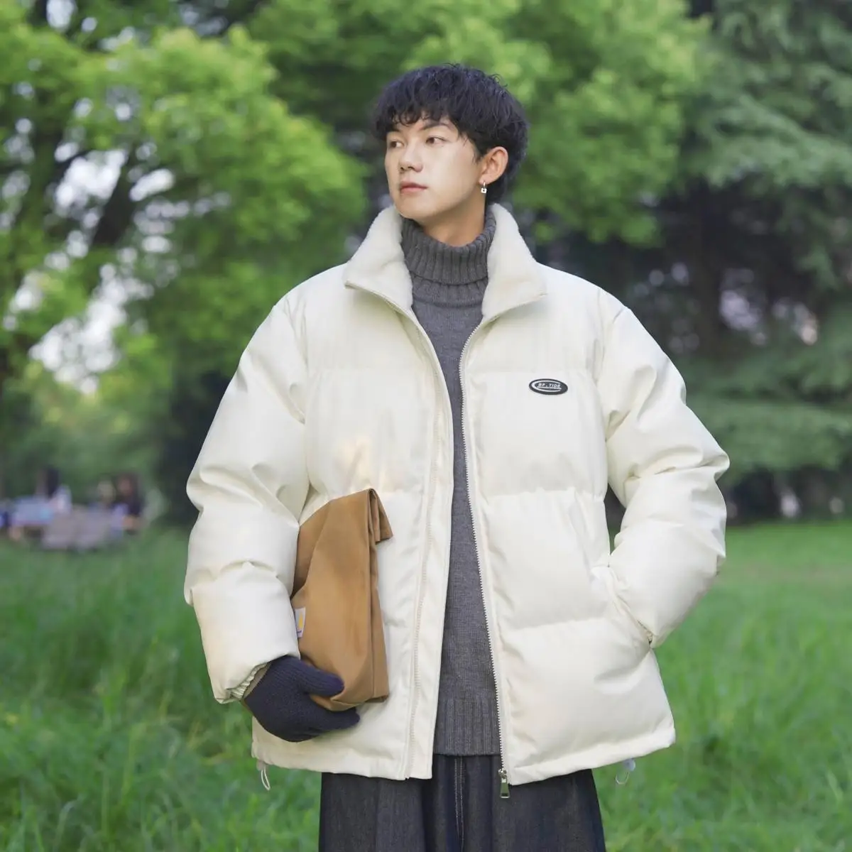 

Men's Winter Thiened Warm Stand Collar Cotton Jaet Trendy Loose Bread Sle Coat Youth Casual Faion PU Fabric Zipper