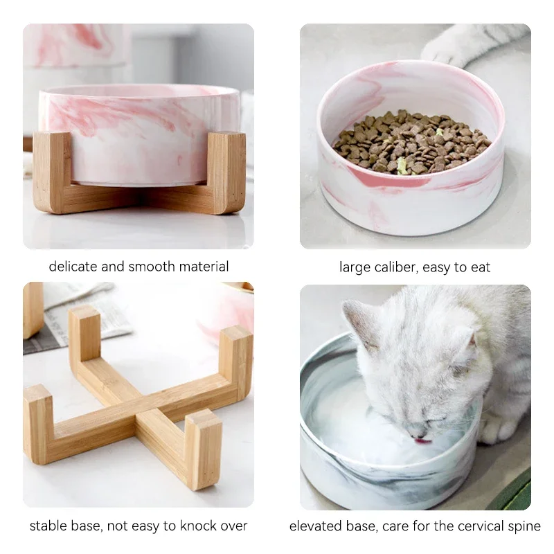 Marbling Cat Ceramics Bowl with Wood Stand Pet Double Bowls for Food Water Small Puppy Dogs Elevated Feeding Supplies