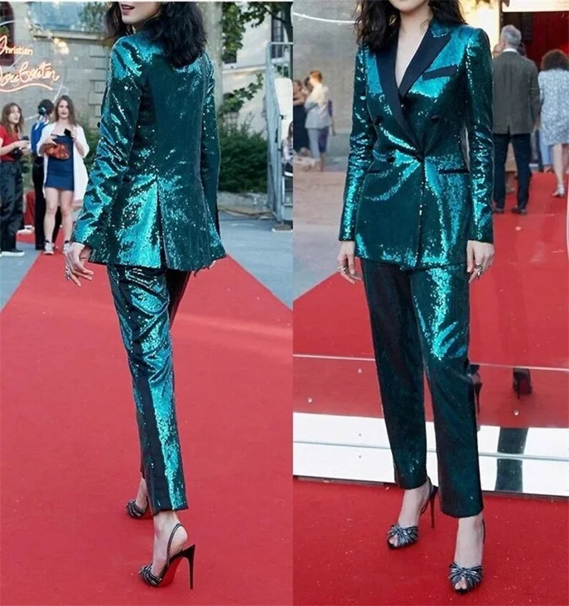 

Sparkling Sequins Women Suits Office Sets 2 Pieces Blazer+Pant Dark Green Evening Party Prom Dress Formal Tuxedos Custom Made