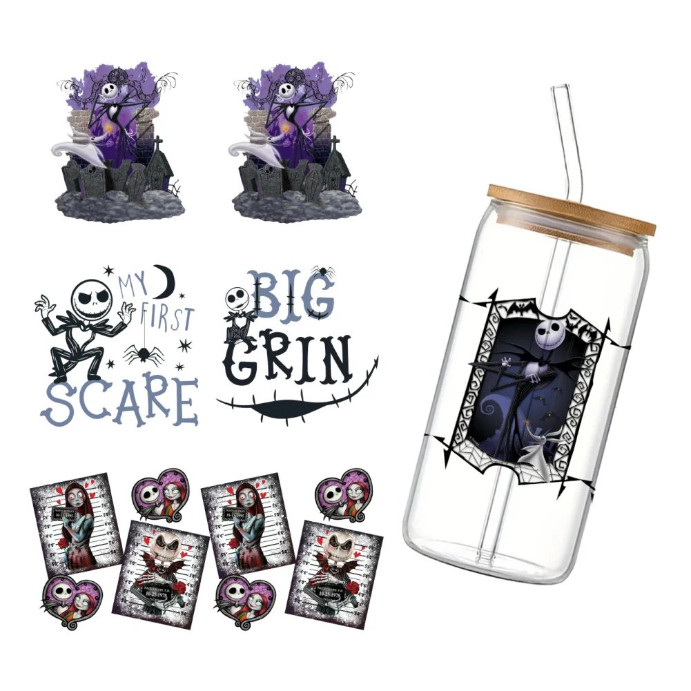 

11x24cm Christmas Nightmare Disney For Libbey 16oz Can Glass 3D Waterproof UV DTF Coffee Can Wrap Libbey Glass Wrap