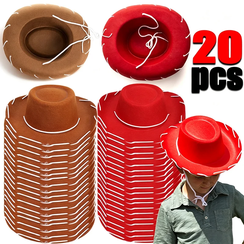 20pcs Brown Red Felt Woody Cowboy Hat for Children Adjustable Western Big Brimmed Cowboy Cap Outdoor Sports Climbing Wilderness