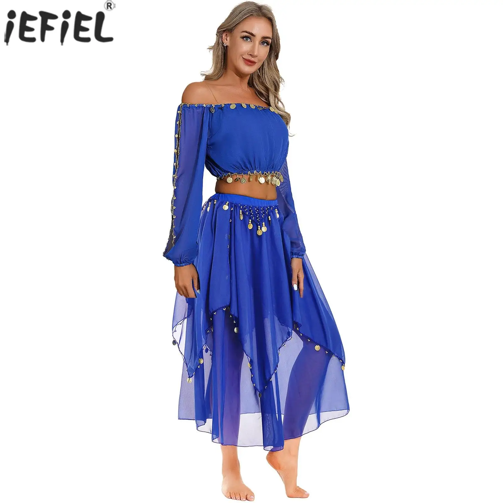 Womens Shiny Belly Dance Outfit Off Shoulder Long Sleeve Crop Top and Sequin Trims Chiffon Skirt Suit for Dancing Party Stage