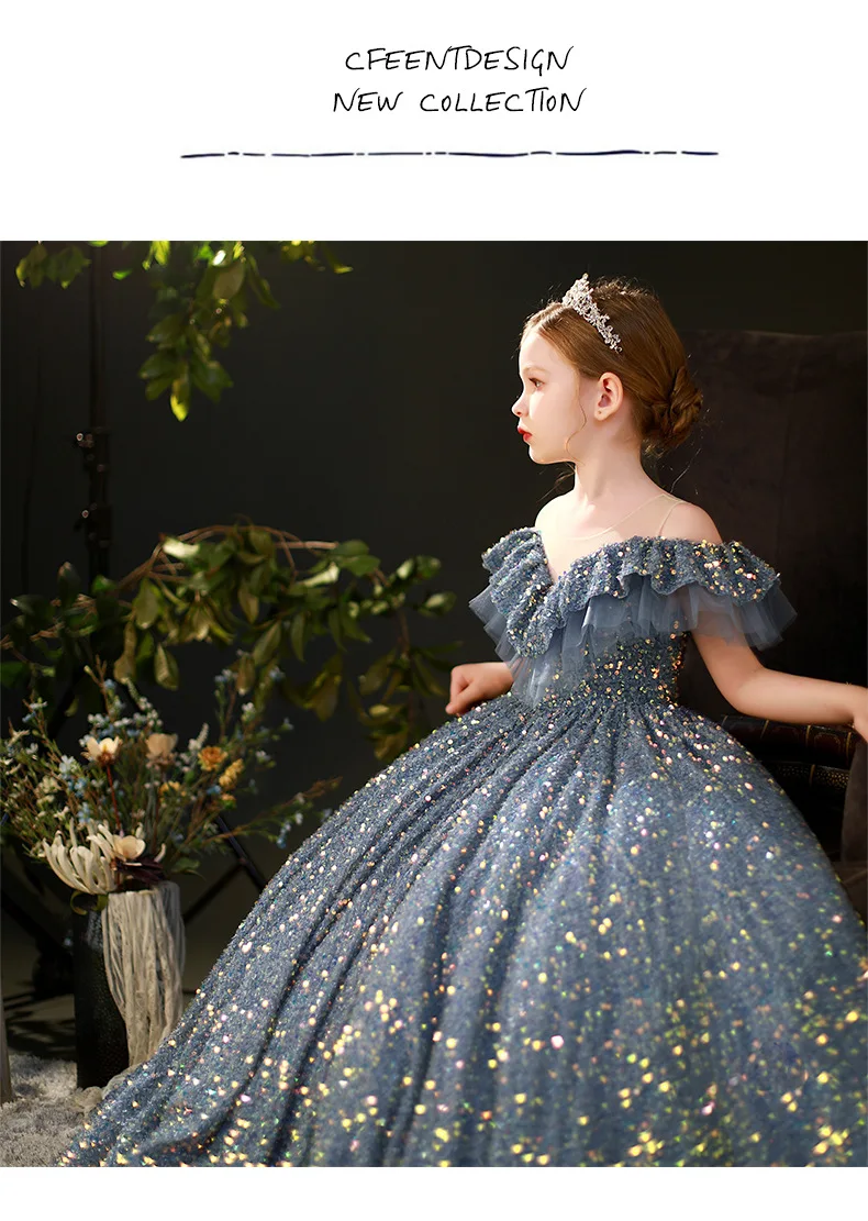 Elegant Flower Girl Dress For Wedding Puffy Shiny Sequin Sleeveless Kids Ball Gowns Birthday Party Beauty Pageant Dress