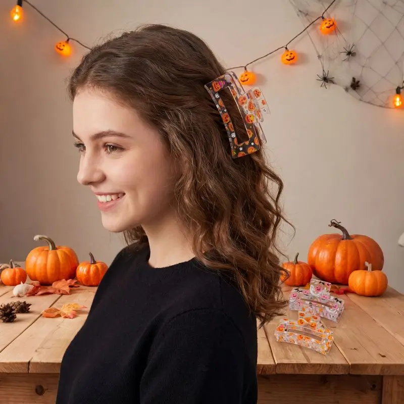 4pcs/set Halloween Hair Claw Clips Transparent Acrylic Pumpkin Ghost Black Cat Bat Large Hollow Hair Jaw Clip Party Gift view 3