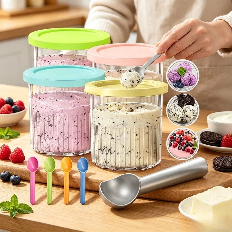 Replacement Pint Cups With Lids Compatible Ninja Creami Deluxe NC500 NC501 Ice Cream Maker Storage Container Set