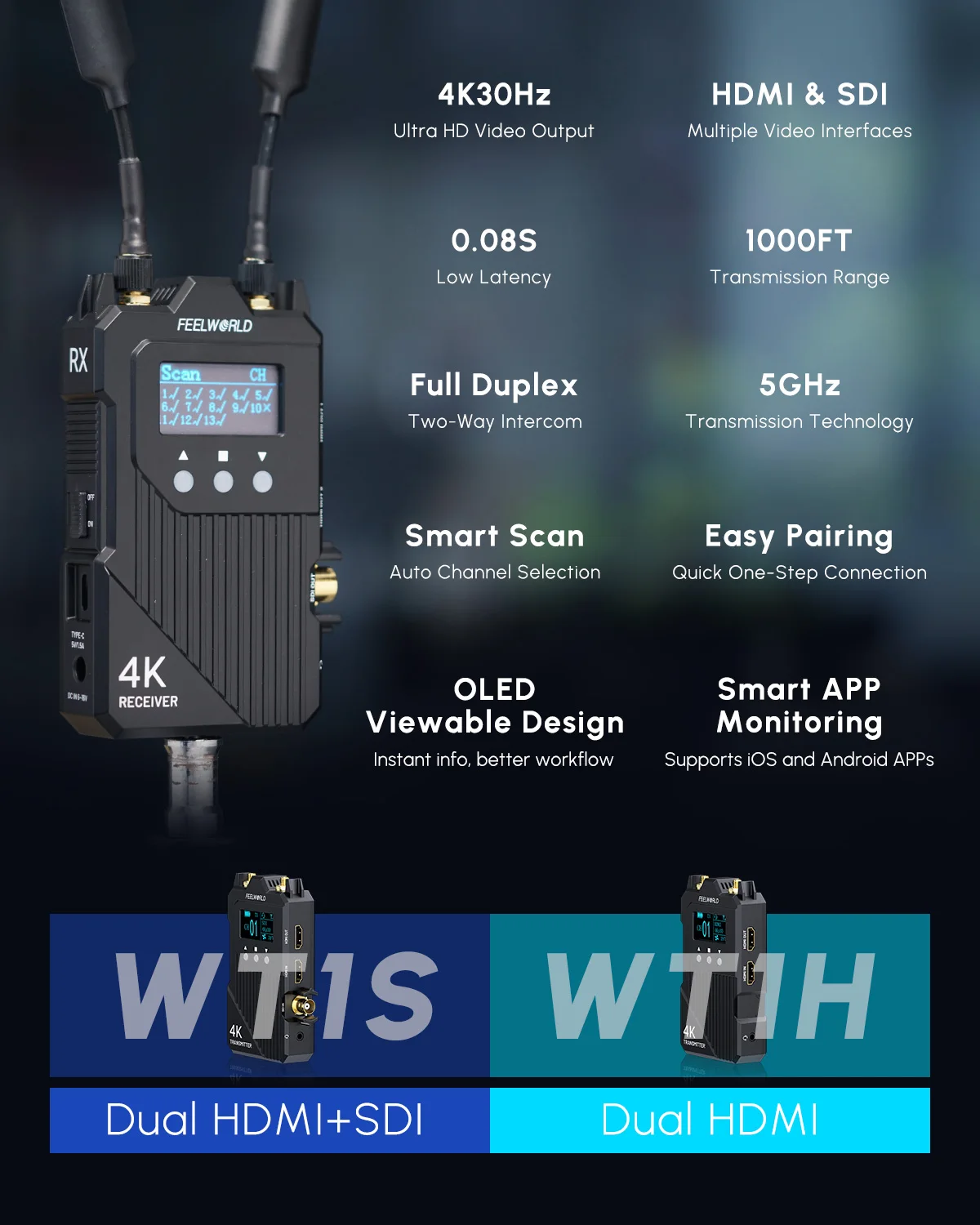 نظام نقل الفيديو اللاسلكي Feelworld WT1S 4K SDI + Dual HDMI اتصال داخلي مزدوج كامل للبث المباشر