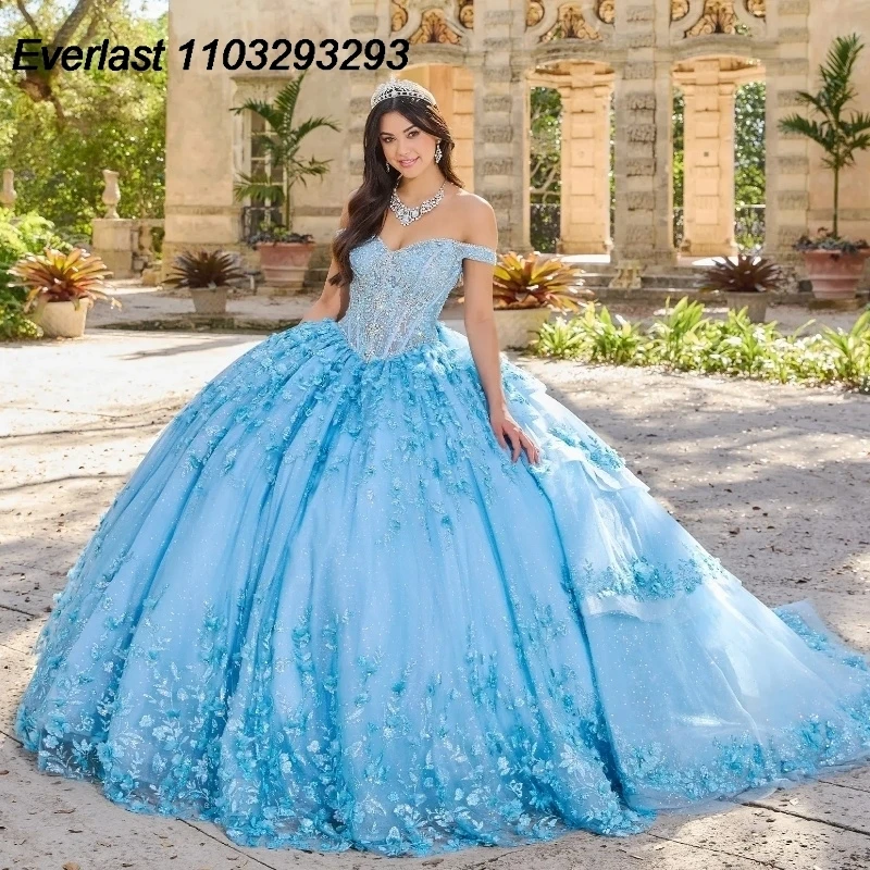 EVLAST-Vestido Quinceanera Azul Brilhante, Laço Floral, Applique Frisado, Lantejoula Ruffles Voltar, Doce 16, TQD277