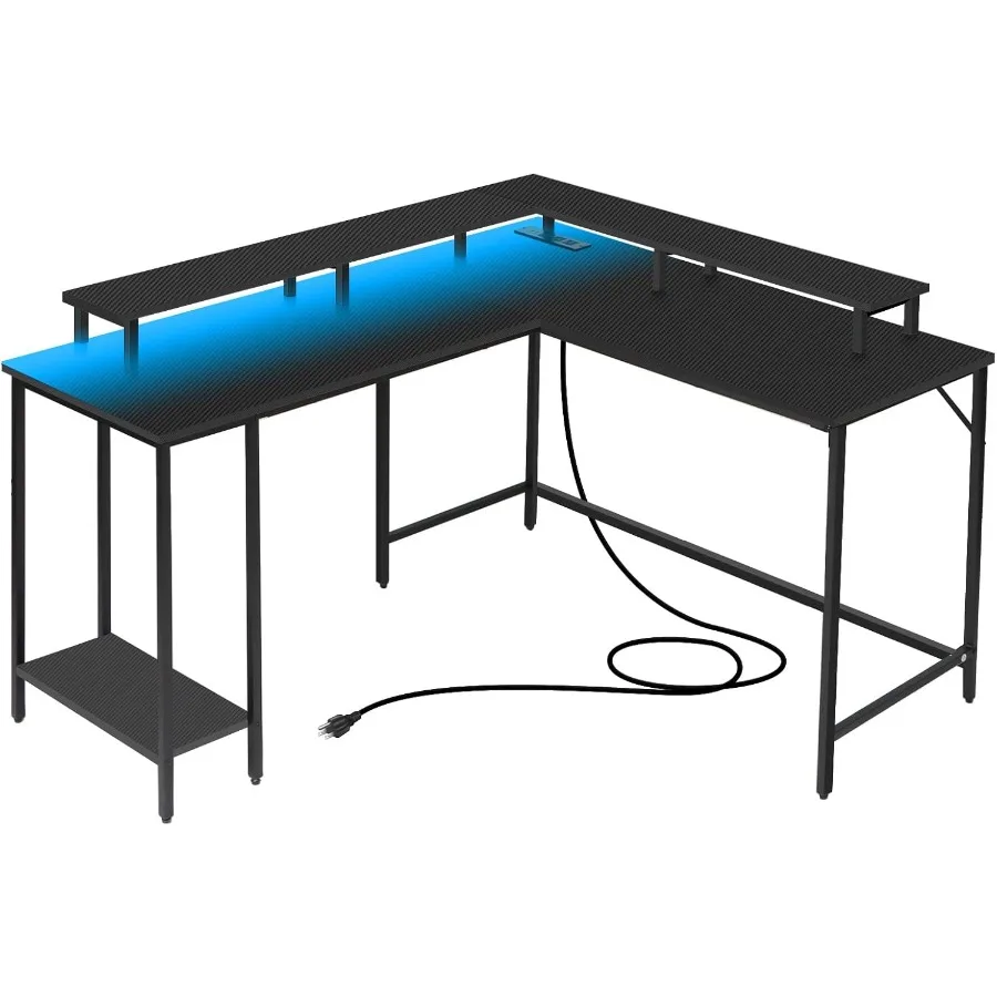 53.5 LShaped Computer Desk for Gaming and Home Office with Builtin LED Lights Power Outlets Reversible Design Monitor Stand Sto