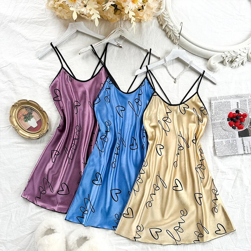 

3PCS Heart Silk Slip Sleeveless U-Neck Nightdress Mini Dresses Sexy Backless Women's Pajama Thin Breathable Print Slip Dress