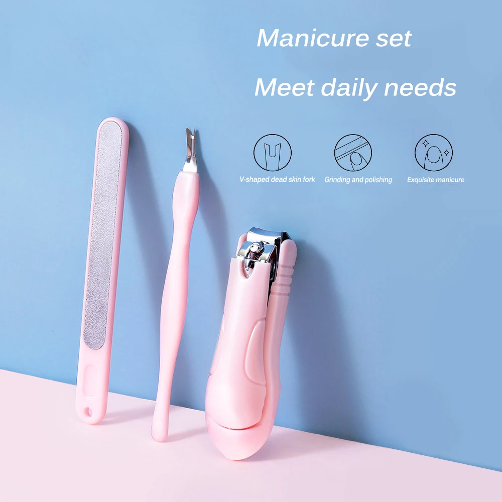 

Three-piece nail trimming set: Stainless steel nail clippers, polished and ground nail strips, V-shaped dead skin forks