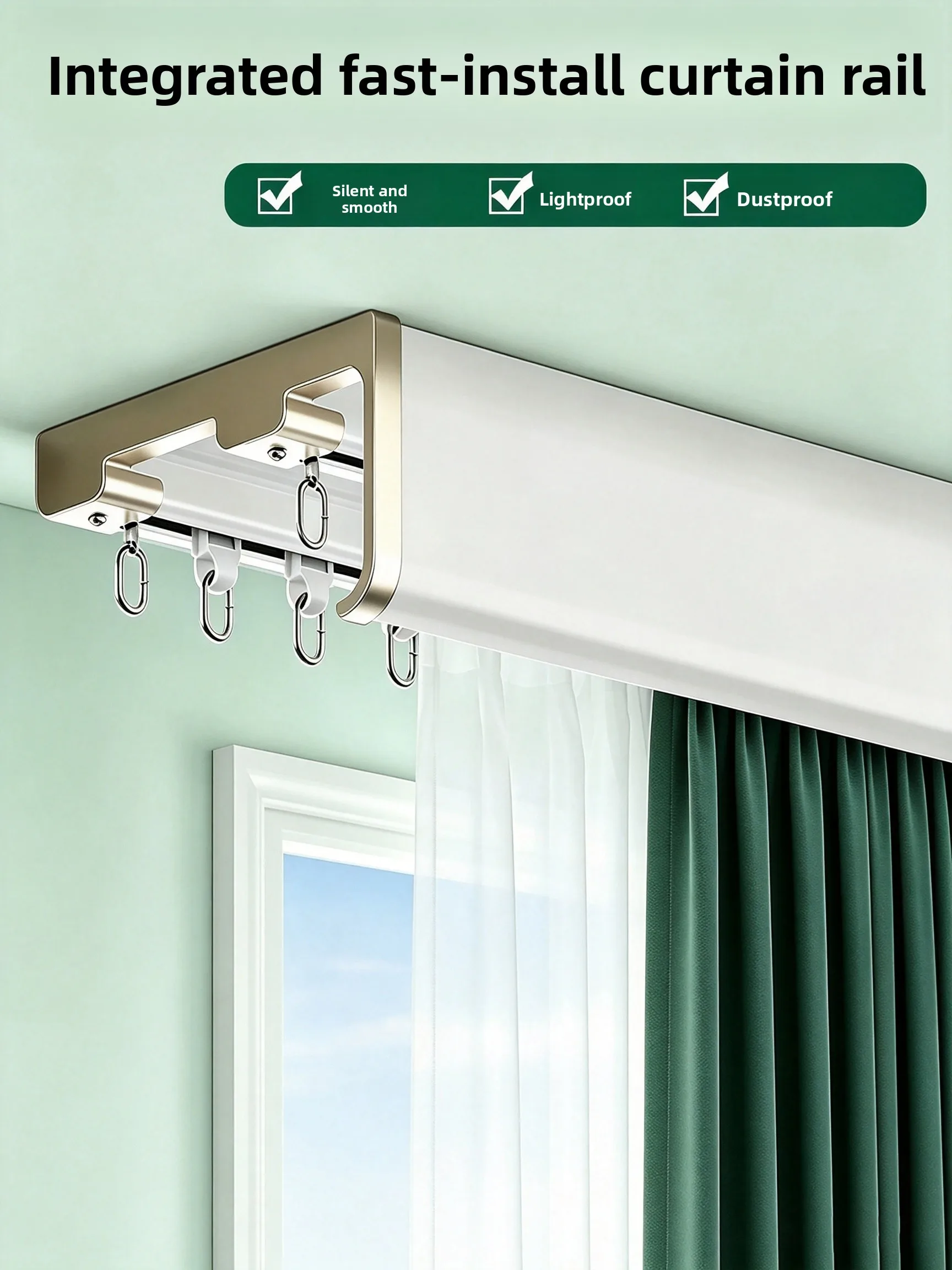New Integrated Finished Curtain Track Full Light Blocking Sliding Rail Mounted on Top Silent Connected Track Aluminum Alloy N...