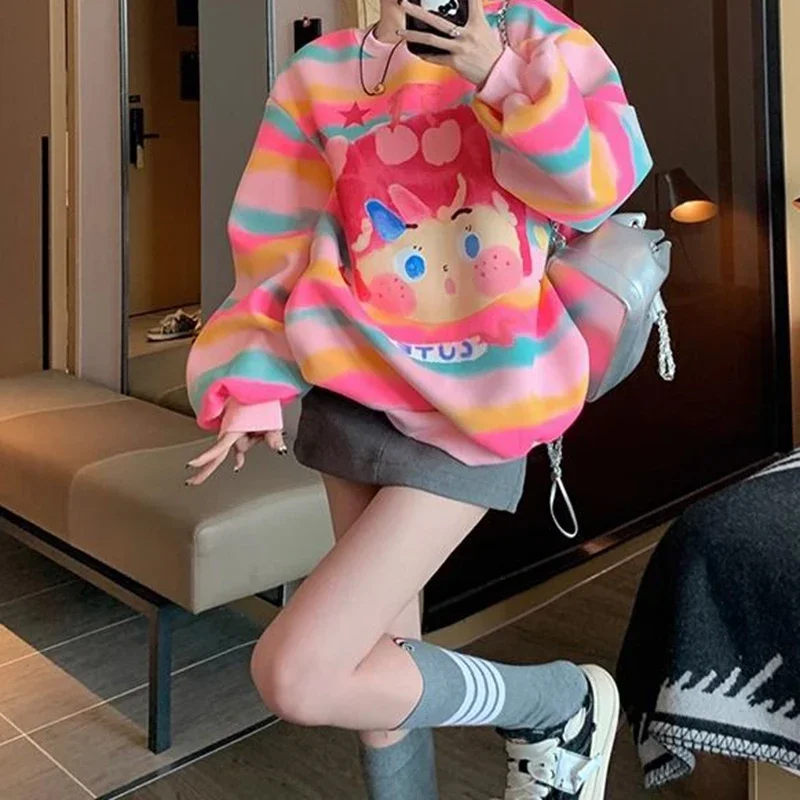 American color striped velvet sweater women's autumn and winter new retro loose round neck hoodless fashion casual Joker top.