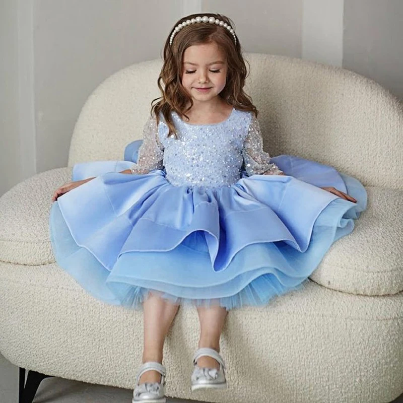 Baby Girl Birthday Fluffy Dress Infant Sequin Baptism Gown Flower Wedding Costume Kids Long Sleeved Clothes Toddler Vestidos