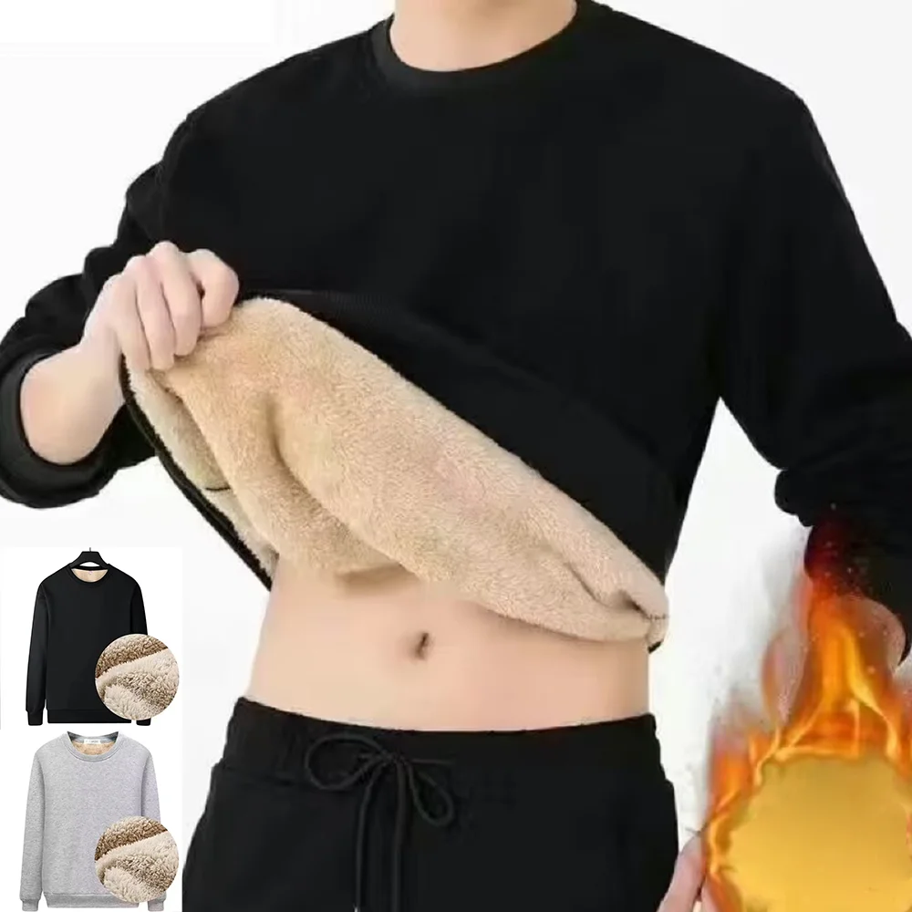 

Мужские зимние флисовые толстовки для мальчиков и мужчин, сохраняющее тепло нижнее белье, повседневный однотонный пуловер из овечьей шерсти, утолщенные термобелье с круглым вырезом