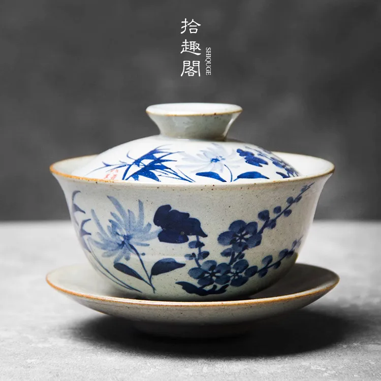 

San Cai Gai Bowl Hand Drawn Blue And White Japanese Tea Maker Ceramic