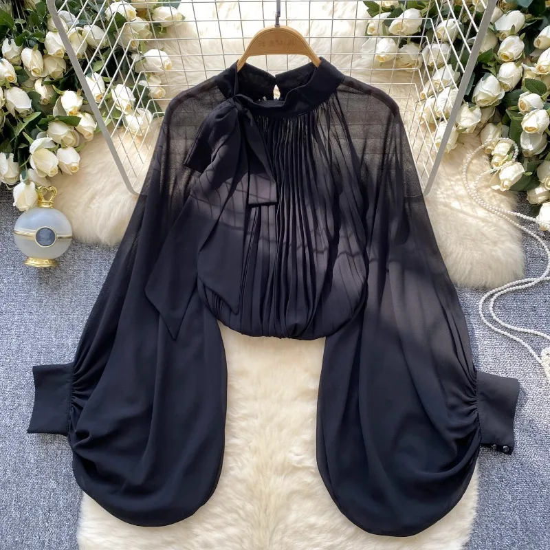 

Elegant Vintage Polka Dot Loose Pleated Blouse Women French Stand Neck Bandage Bow Korean Shirts Batwing Sleeve Fashion Blouses