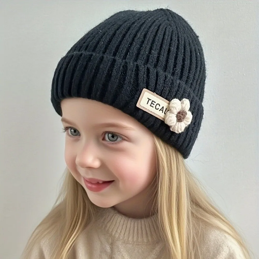 따뜻한 귀여운 꽃 아기 비니 모자 단색 두꺼운 풀오버 모자 방풍 귀 보호 모자 유아용