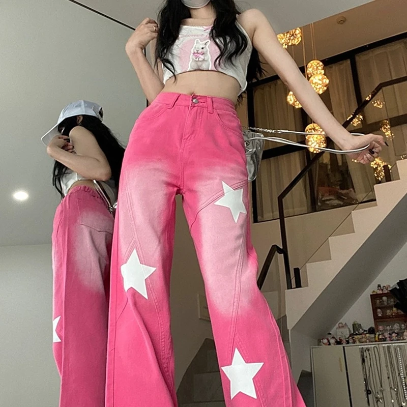 Women's Vintage Drawstring Denim Pants, Pink Baggy Jeans, American Style, Star Printing, High Waist Trousers, Y2k