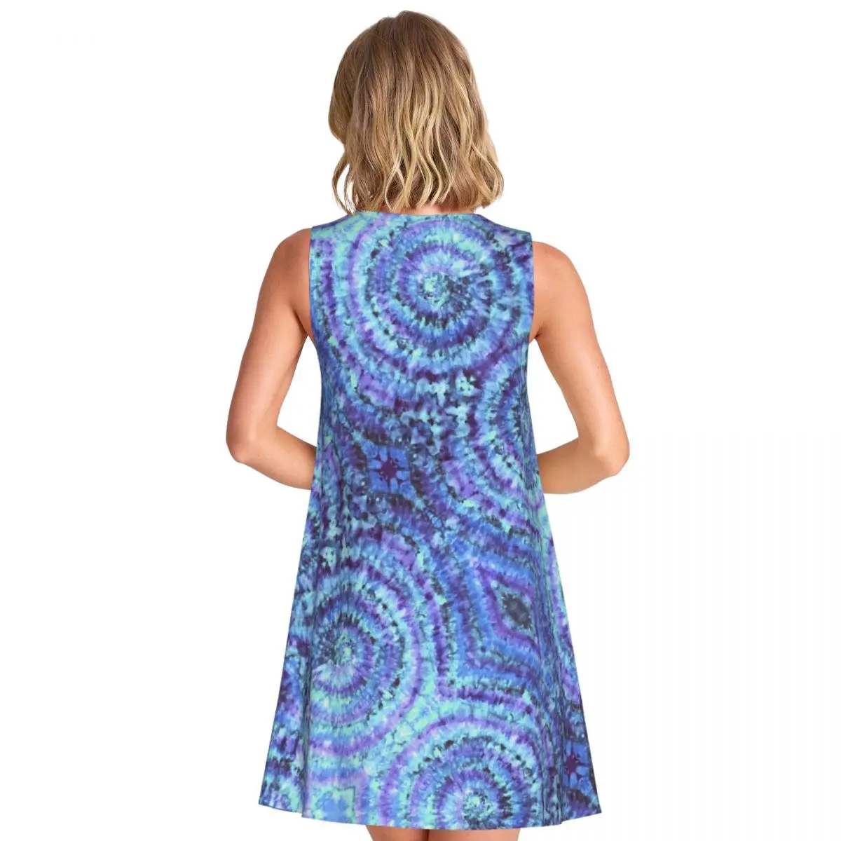 مخصص التعادل صبغ Shibori دائرة فستان الشمس فضفاض مع جيب مطبوعة بوهيميا المرأة بلا أكمام فستان لقضاء عطلة الشاطئ